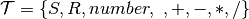 \mathcal{T} = \{S,R,number,~,+,-,*,/\}